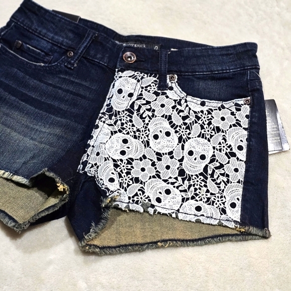 Lovesick Blue Jean Shorts w/ White Crochet Skull Lace Overlay Raw Hem Distressed - Picture 4 of 10